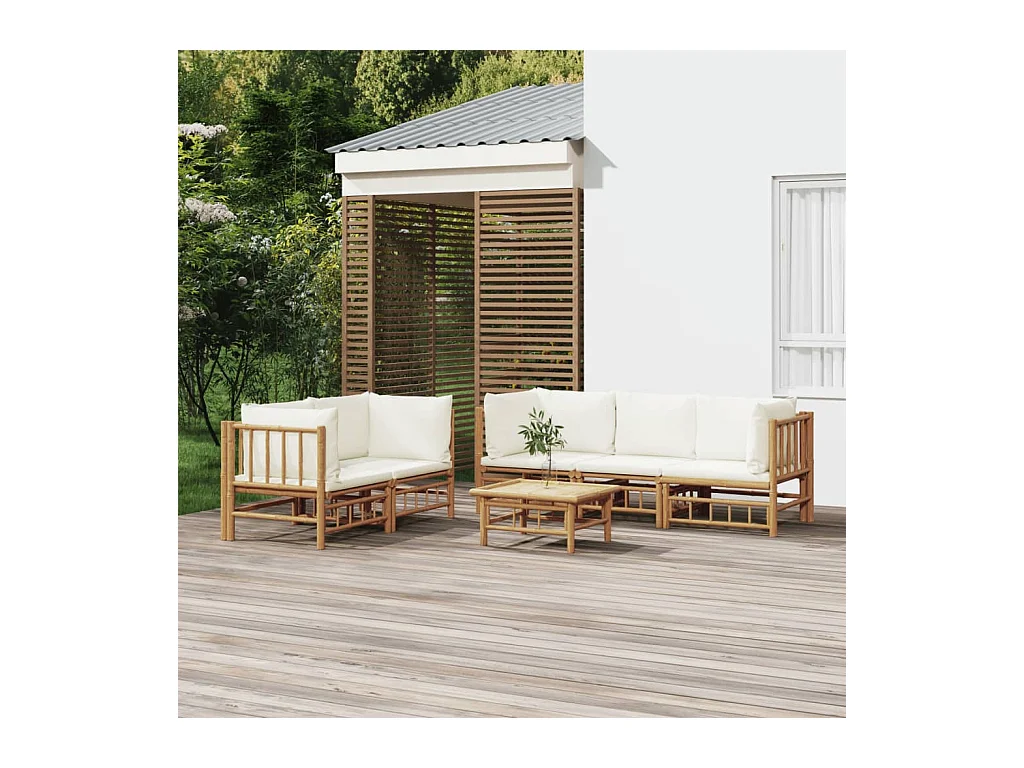 Set Salotto da Giardino 6pz con Cuscini Bianco Crema in Bambù