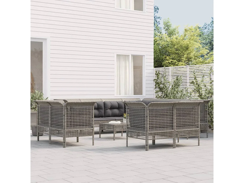 11-tlg. Garten-Lounge-Set mit Kissen Grau Poly Rattan