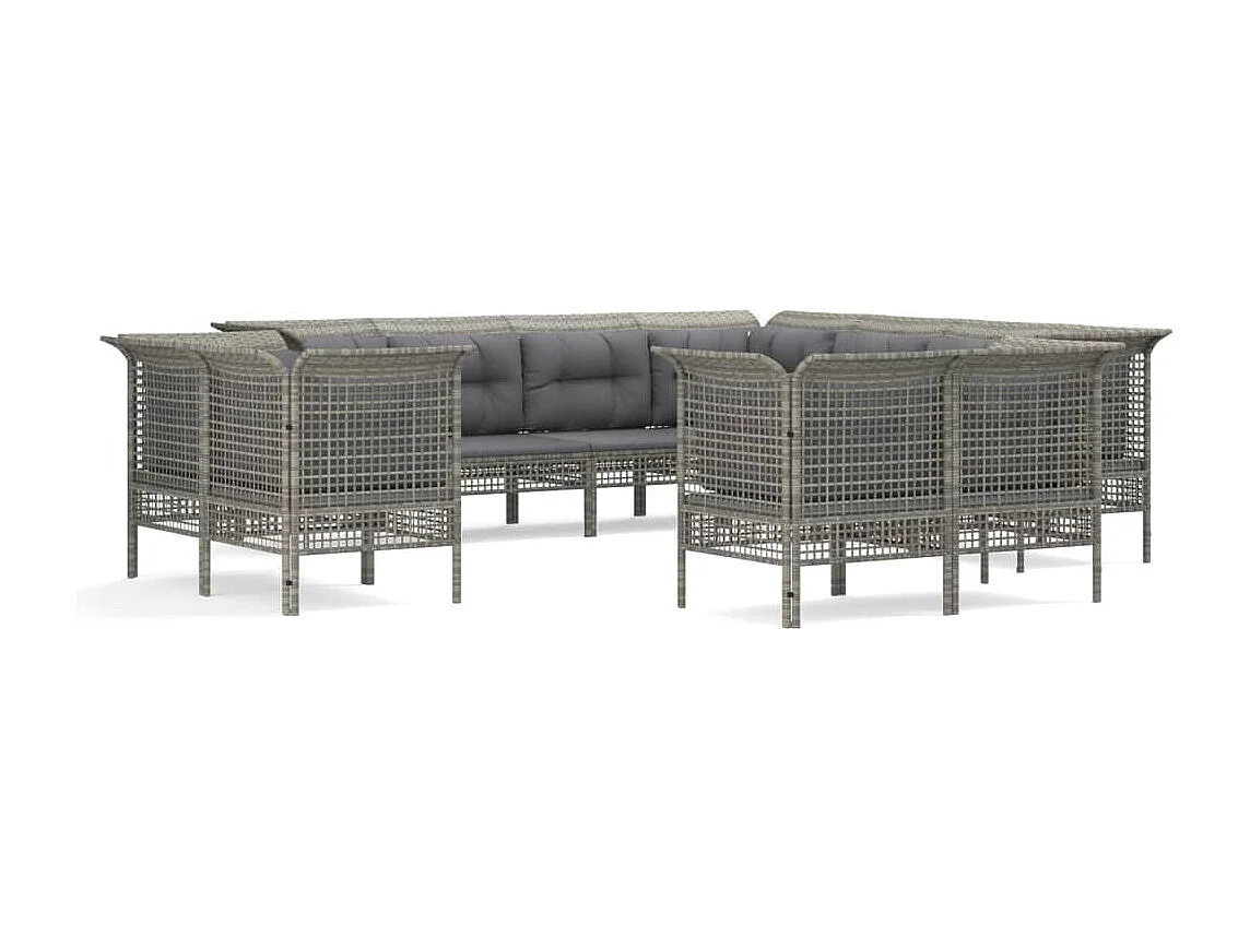 11-tlg. Garten-Lounge-Set mit Kissen Grau Poly Rattan