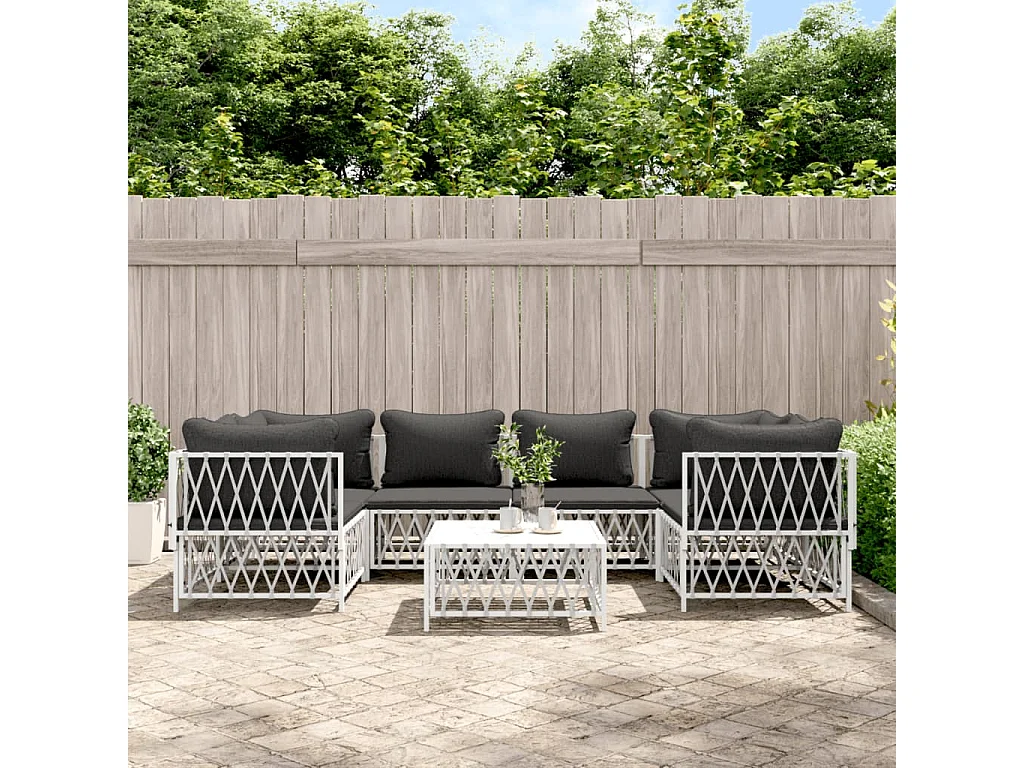 7-tlg. Garten-Lounge-Set mit Kissen Weiß Stahl