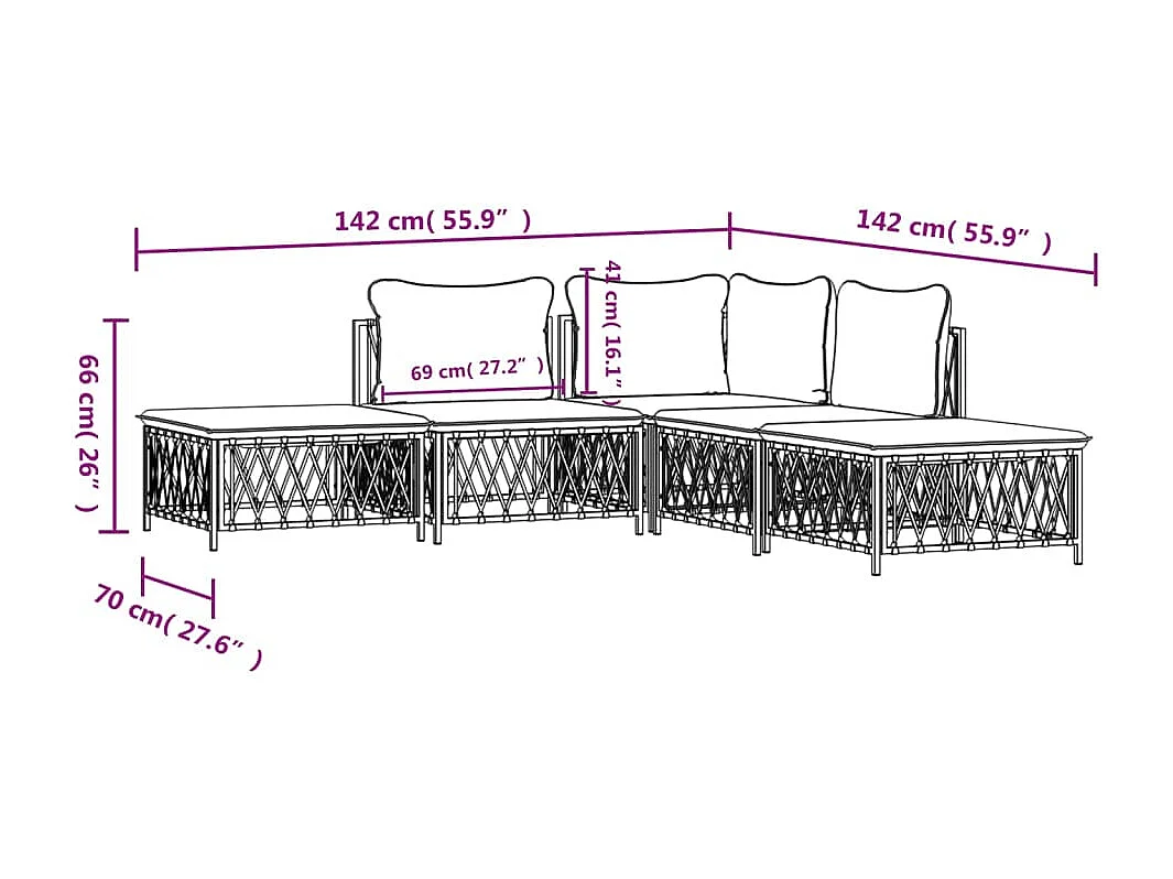 5 pcs conjunto lounge de jardim com almofadões aço branco