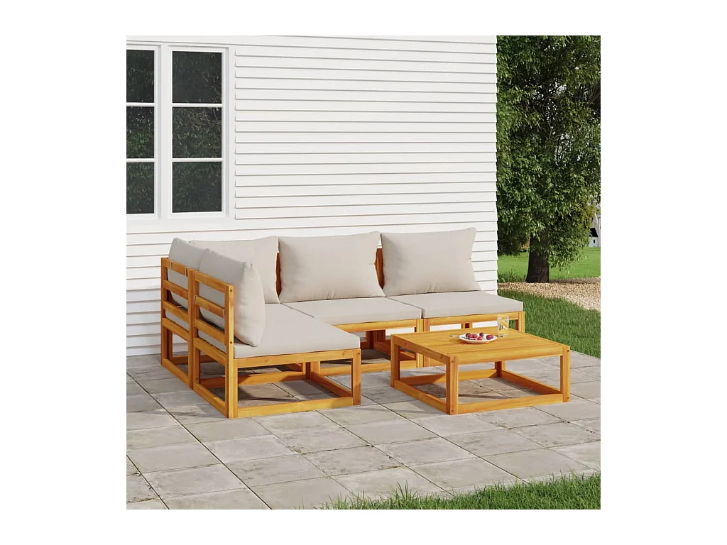 Set Salotto Giardino 5pz Cuscini Grigio Chiaro Legno Massello