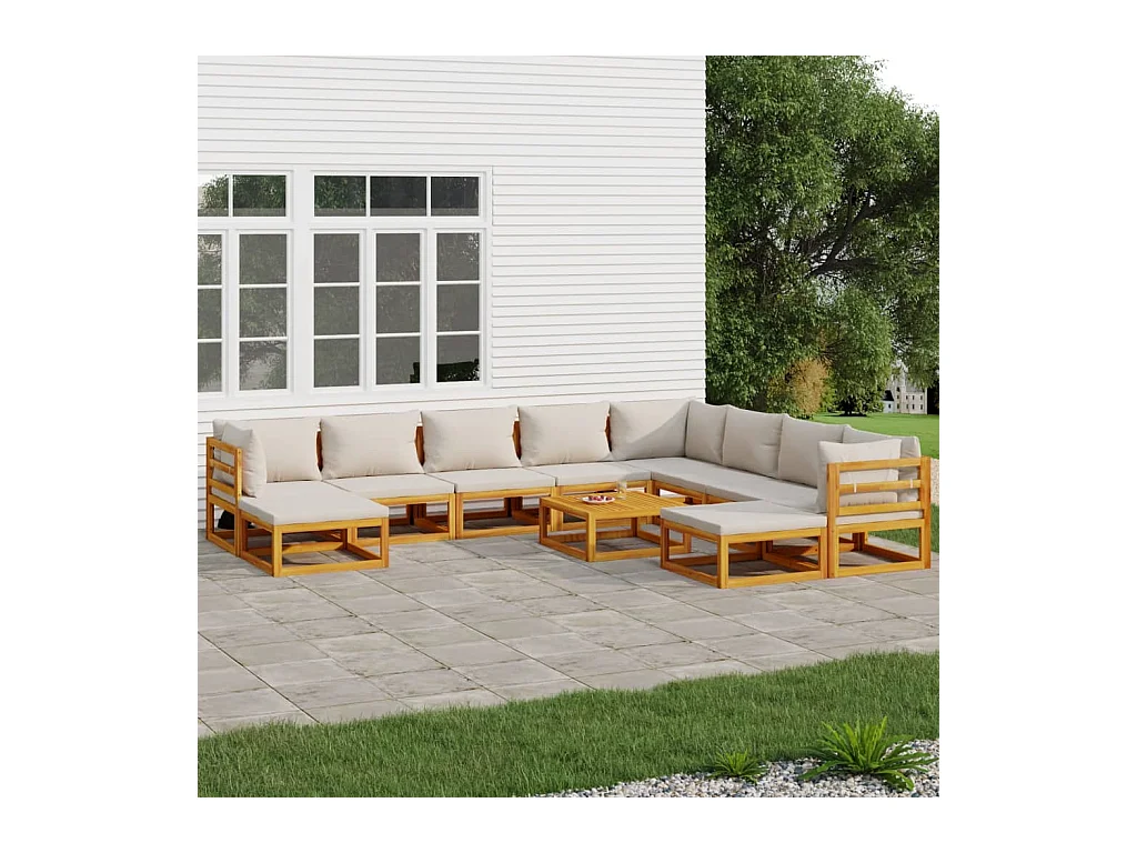 Salon de jardin 11 pcs avec coussins gris clair bois massif