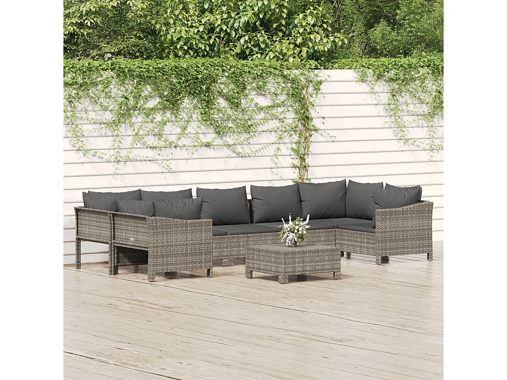 8-tlg. Garten-Lounge-Set mit Kissen Grau Poly Rattan