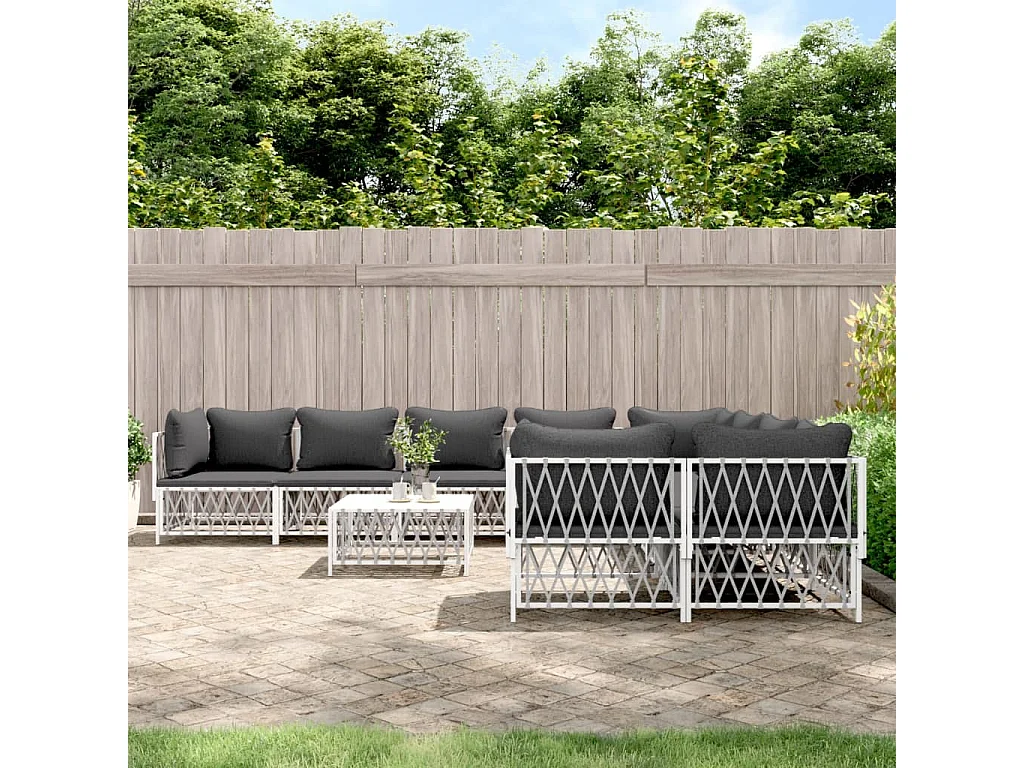 Salon de jardin avec coussins 9 pcs blanc acier