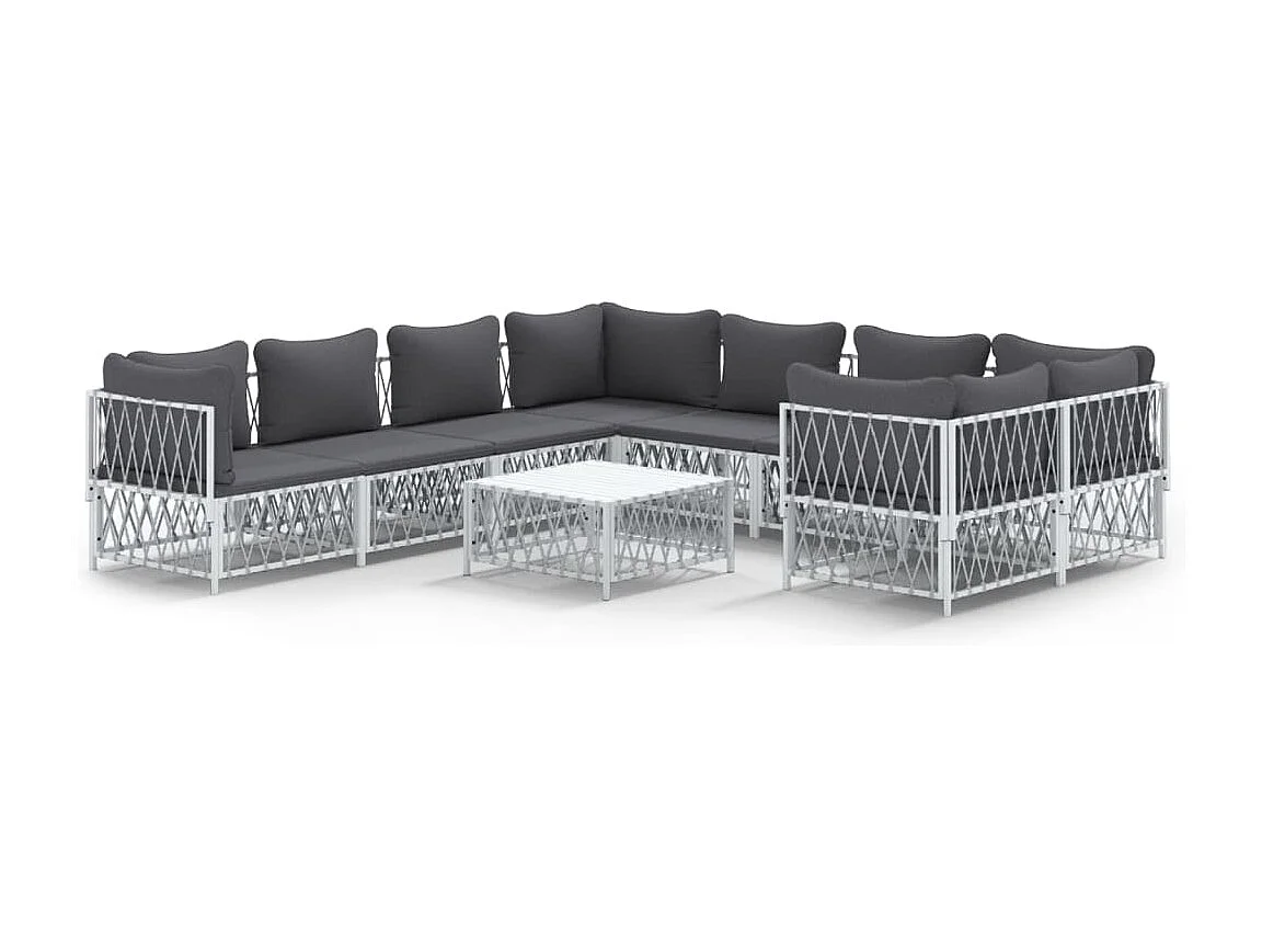 Salon de jardin avec coussins 9 pcs blanc acier
