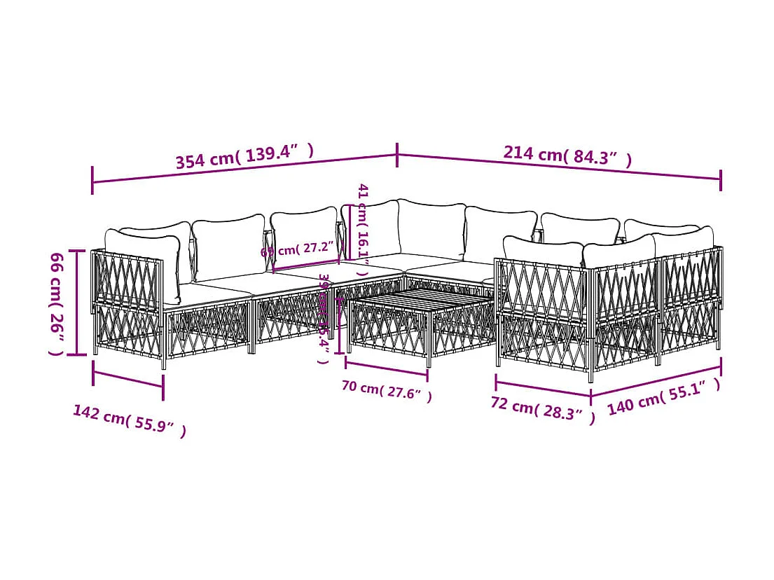 Salon de jardin avec coussins 9 pcs blanc acier