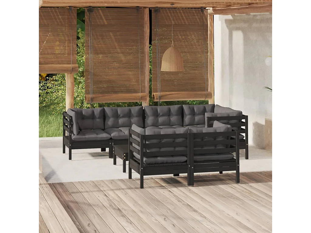 8-delige Loungeset met kussens massief grenenhout zwart