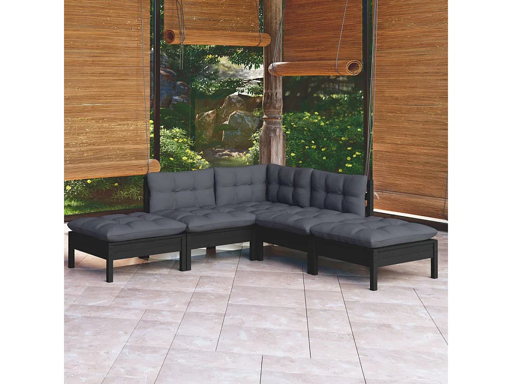 Salon de jardin 5 pcs avec coussins Noir Bois de pin