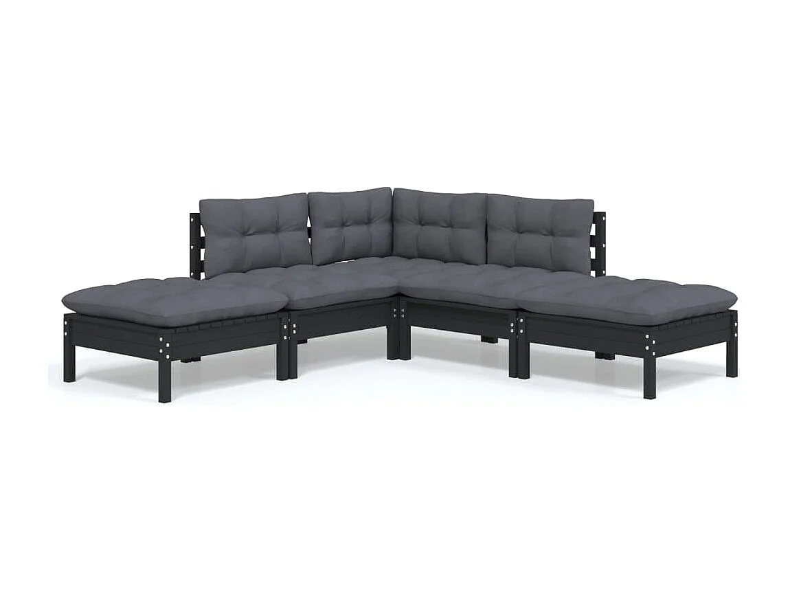 Salon de jardin 5 pcs avec coussins Noir Bois de pin