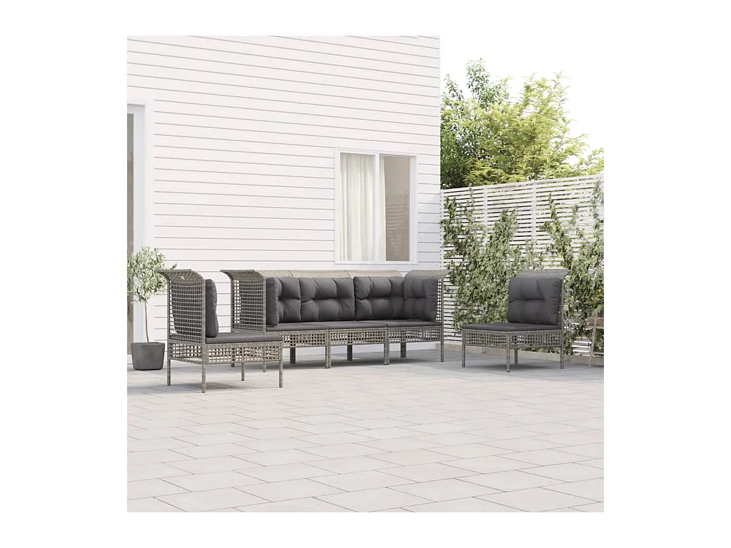 Salon de jardin 5 pcs avec coussins Gris Résine tressée