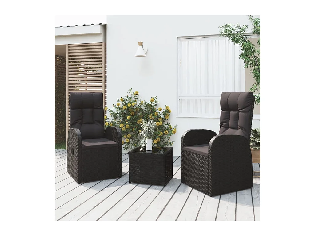 3-delige Loungeset poly rattan en staal zwart