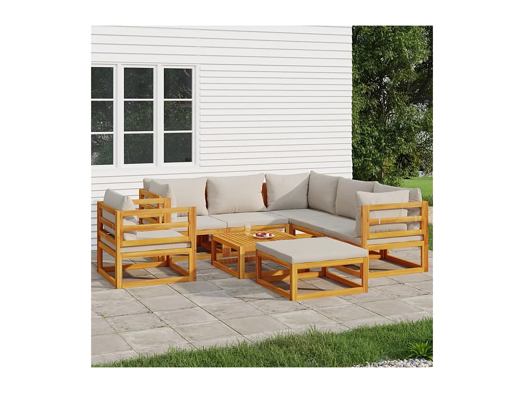 Set Salotto Giardino 8pz Cuscini Grigio Chiaro Legno Massello