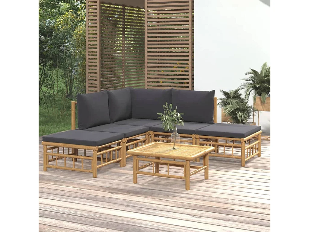 Salon de jardin 6 pcs avec coussins gris foncé bambou