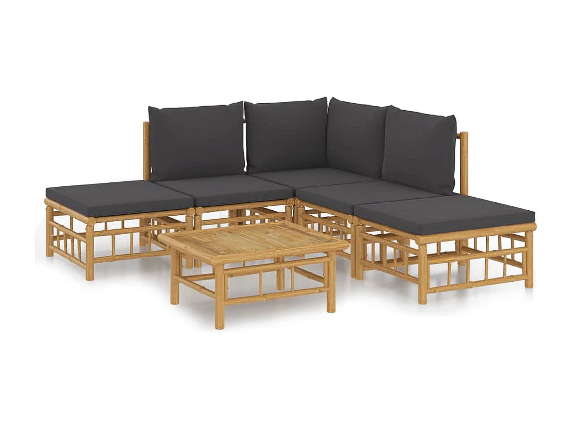 Salon de jardin 6 pcs avec coussins gris foncé bambou