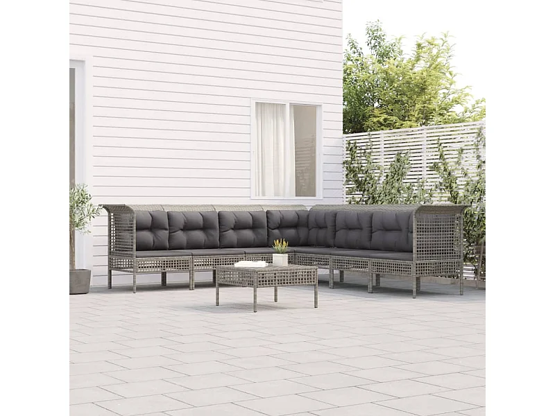 8-tlg. Garten-Lounge-Set mit Kissen Grau Poly Rattan