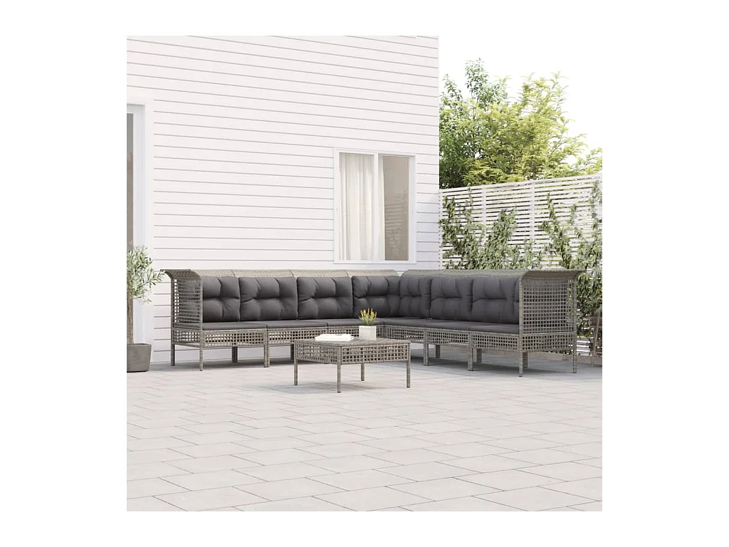 8-delige Loungeset met kussens poly rattan grijs