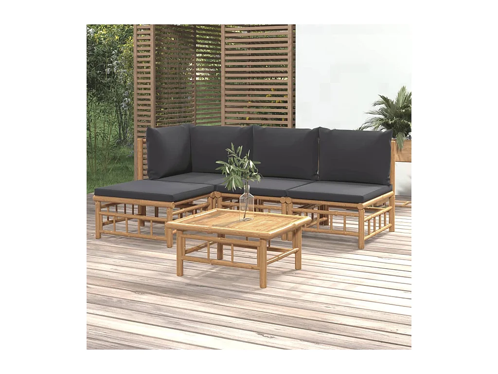 Salon de jardin 5 pcs avec coussins gris foncé bambou