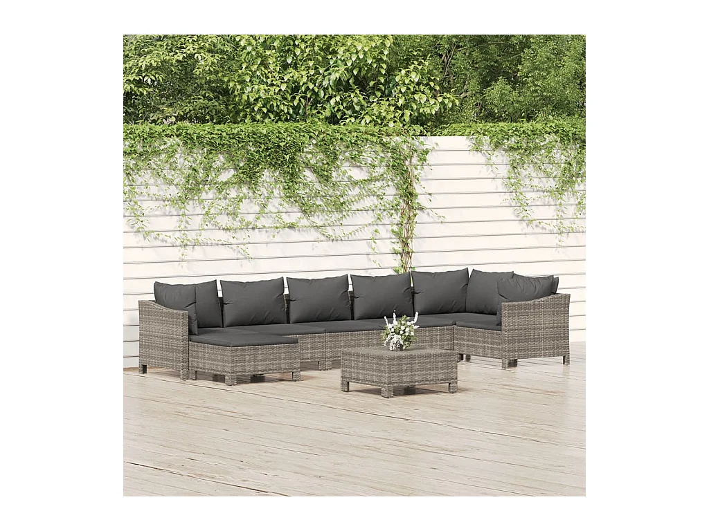 Salon de jardin 8 pcs avec coussins Gris Résine tressée