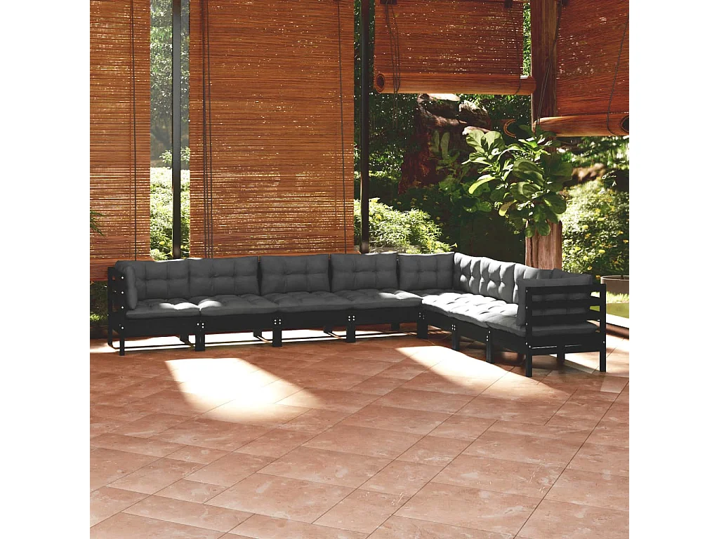 8-tlg. Garten-Lounge-Set mit Kissen Schwarz Massivholz Kiefer