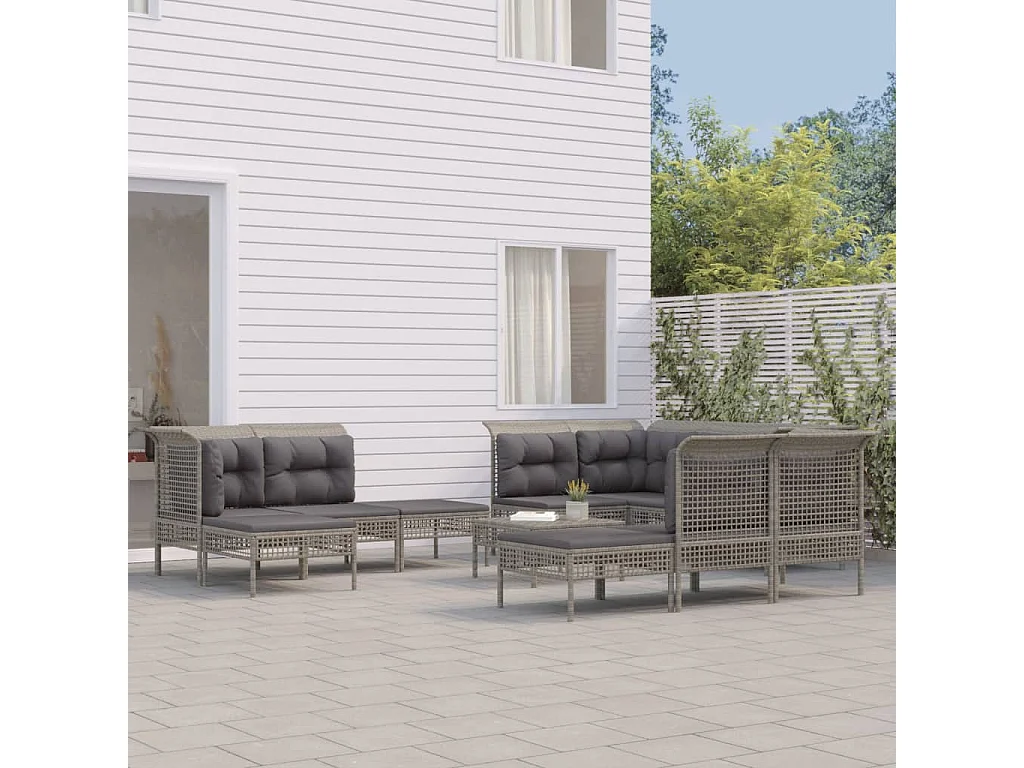 Set Divani da Giardino 11 pz con Cuscini in Polyrattan Grigio