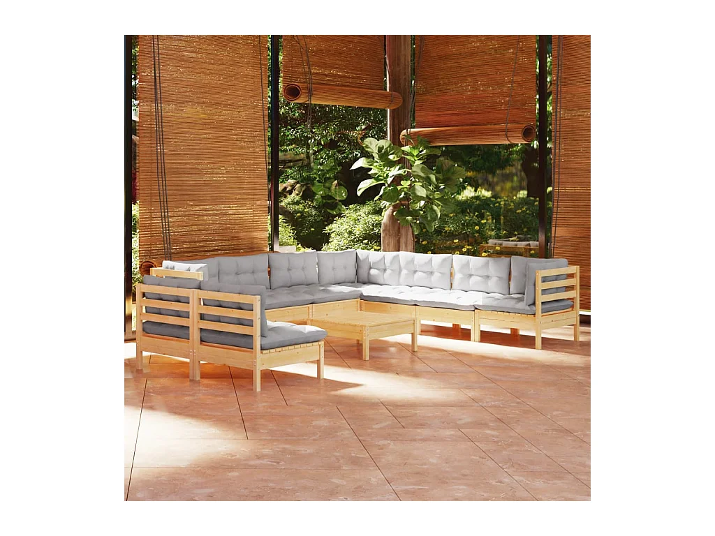 10-tlg. Garten-Lounge-Set mit Grauen Kissen Massivholz Kiefer