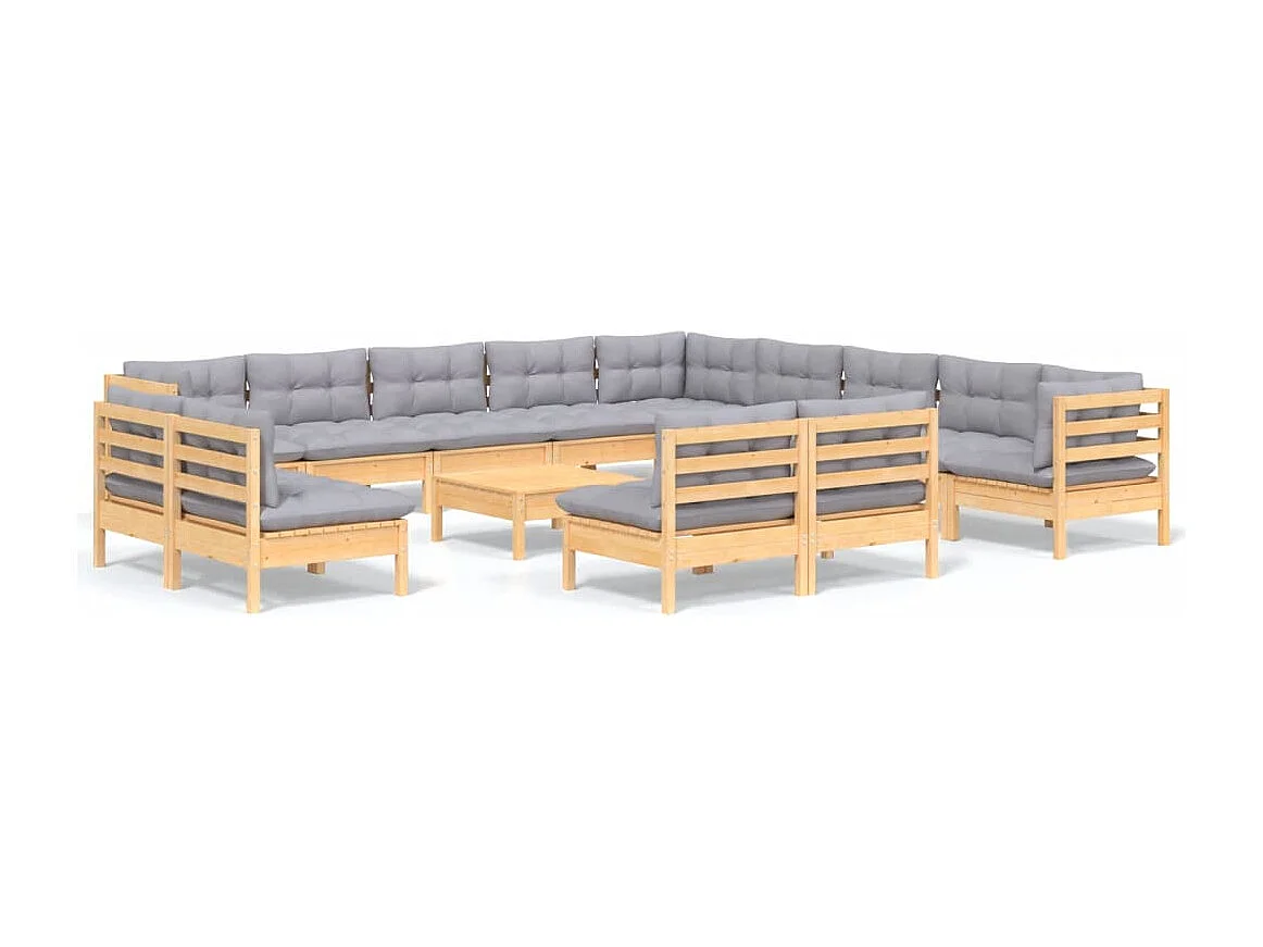 Salon de jardin 14 pcs avec coussins gris Bois de pin solide