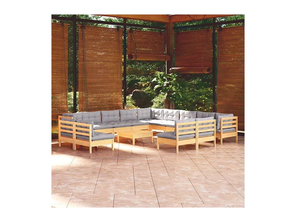 14-tlg. Garten-Lounge-Set mit Grauen Kissen Massivholz Kiefer