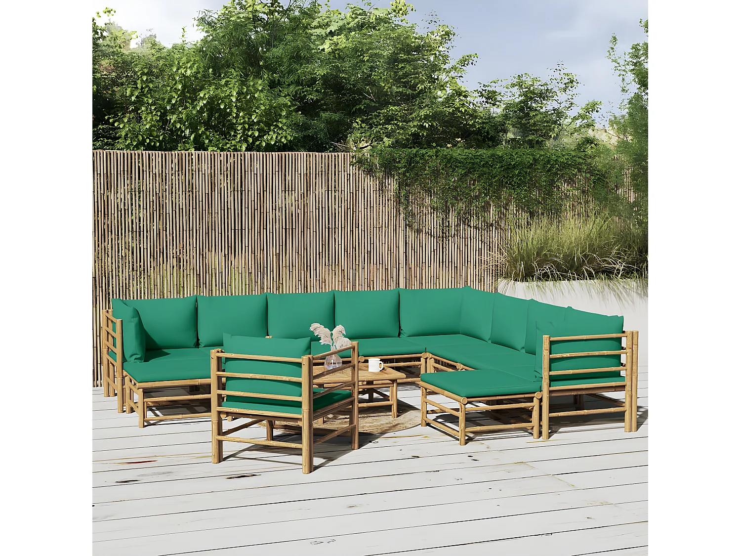 12 pcs conjunto lounge de jardim bambu c/ almofadões verdes