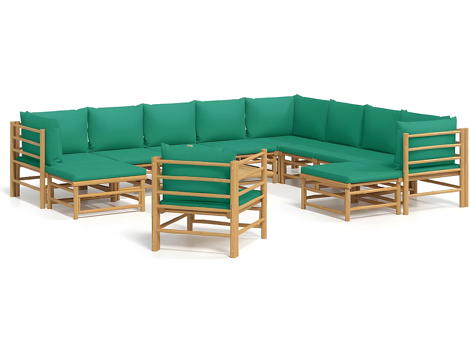 12 pcs conjunto lounge de jardim bambu c/ almofadões verdes