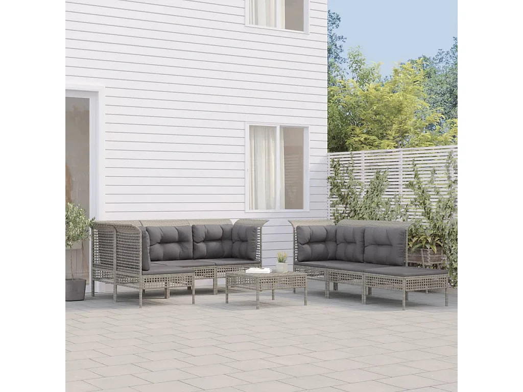 10-tlg. Garten-Lounge-Set mit Kissen Grau Poly Rattan