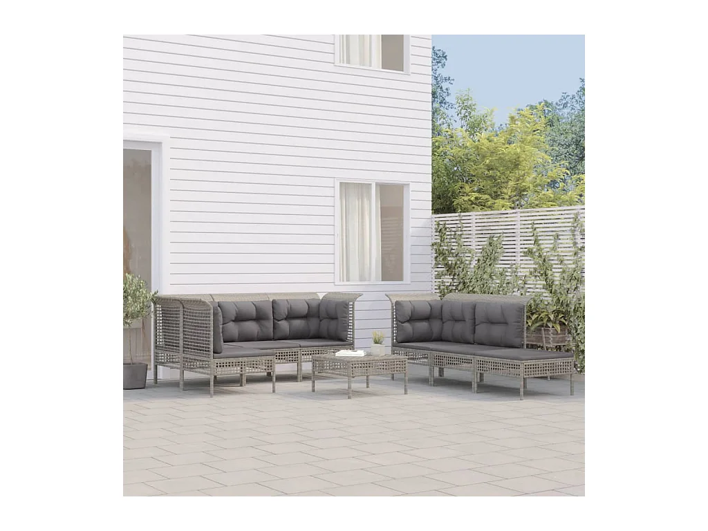 Salon de jardin 10 pcs avec coussins Gris Résine tressée