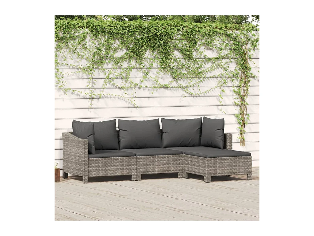 Salon de jardin 4 pcs avec coussins Gris Résine tressée