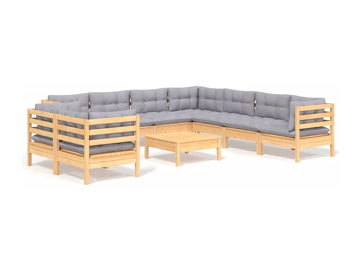 Salon de jardin 10 pcs avec coussins gris bois de pin massif