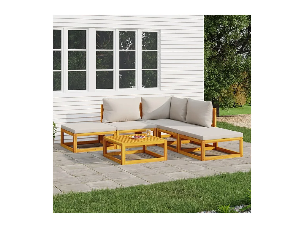 Salon de jardin 6 pcs avec coussins gris clair bois massif