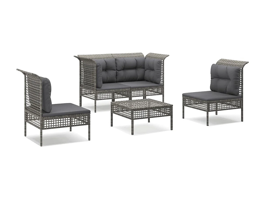 5-tlg. Garten-Lounge-Set mit Kissen Grau Poly Rattan