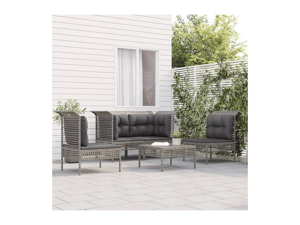 Salon de jardin 5 pcs avec coussins Gris Résine tressée