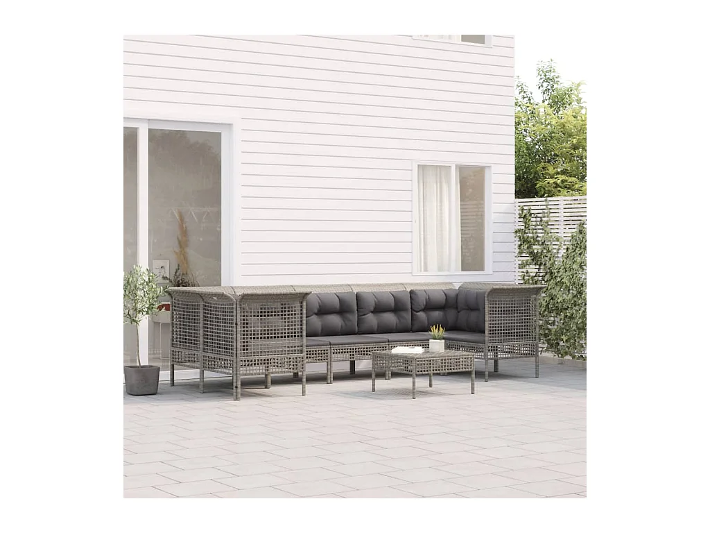 Salon de jardin 8 pcs avec coussins Gris Résine tressée