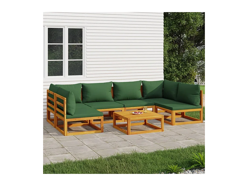 Salon de jardin 7 pcs avec coussins vert bois massif