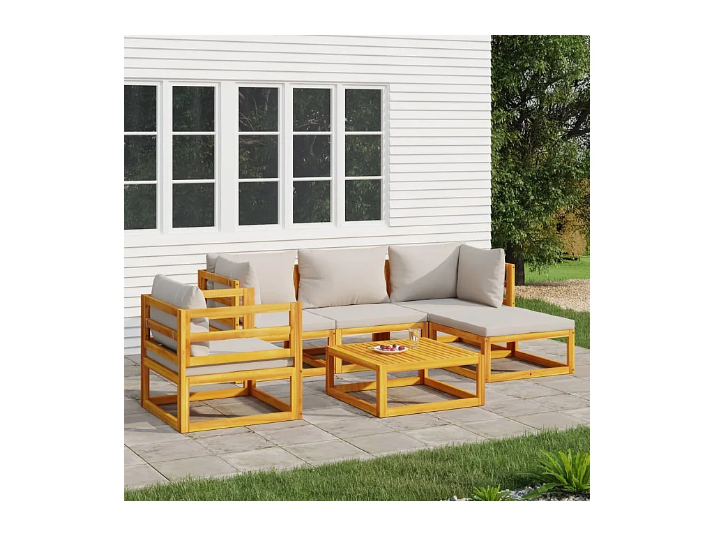 Set Salotto Giardino 6pz Cuscini Grigio Chiaro Legno Massello