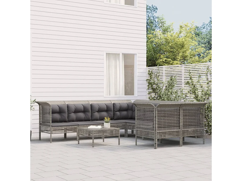 Salon de jardin 8 pcs avec coussins Gris Résine tressée