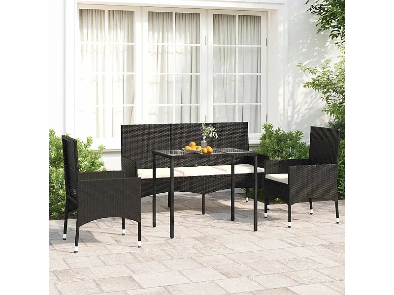 4-tlg. Garten-Lounge-Set mit Kissen Schwarz Poly Rattan