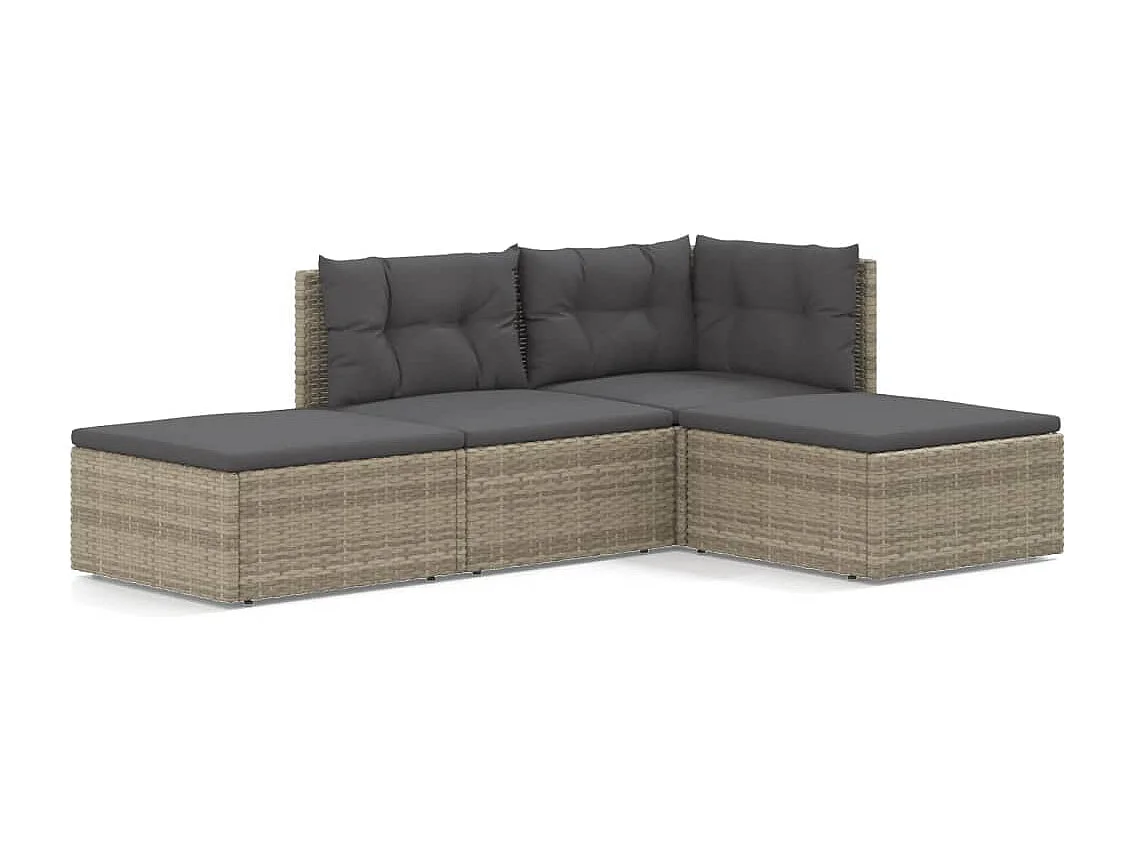 Salon de jardin 4 pcs avec coussins Gris Résine tressée