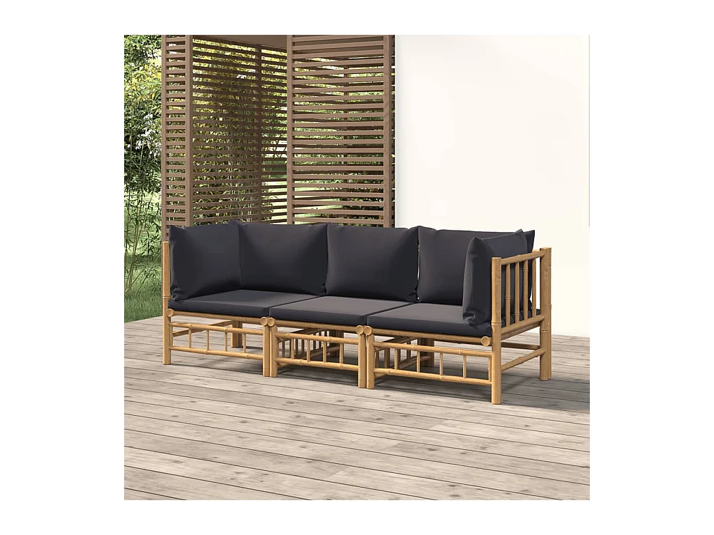 Salon de jardin 3 pcs avec coussins gris foncé bambou