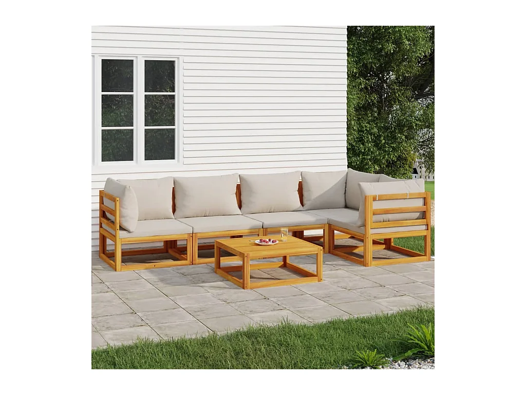 Salon de jardin 6 pcs avec coussins gris clair bois massif