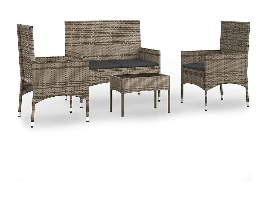 4 pcs conjunto lounge de jardim c/ almofadões vime PE cinzento