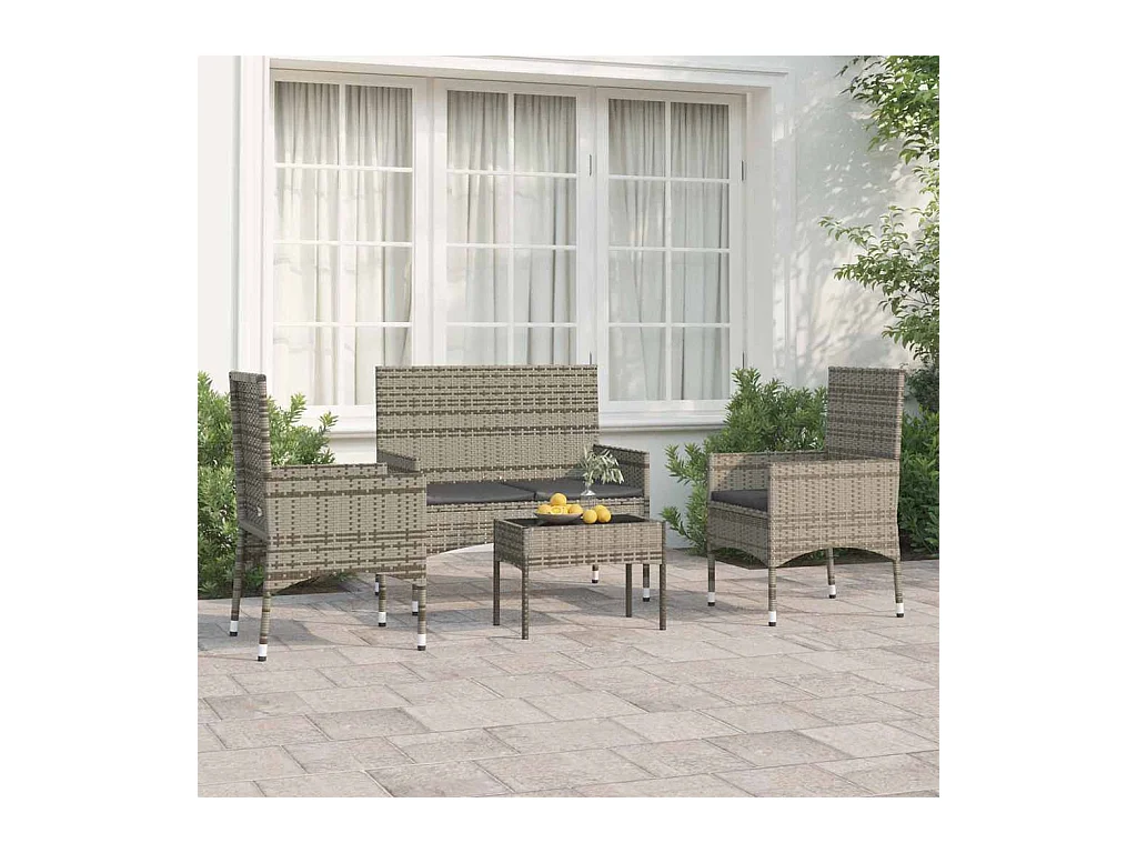 Salon de jardin 4 pcs avec coussins Gris Résine tressée