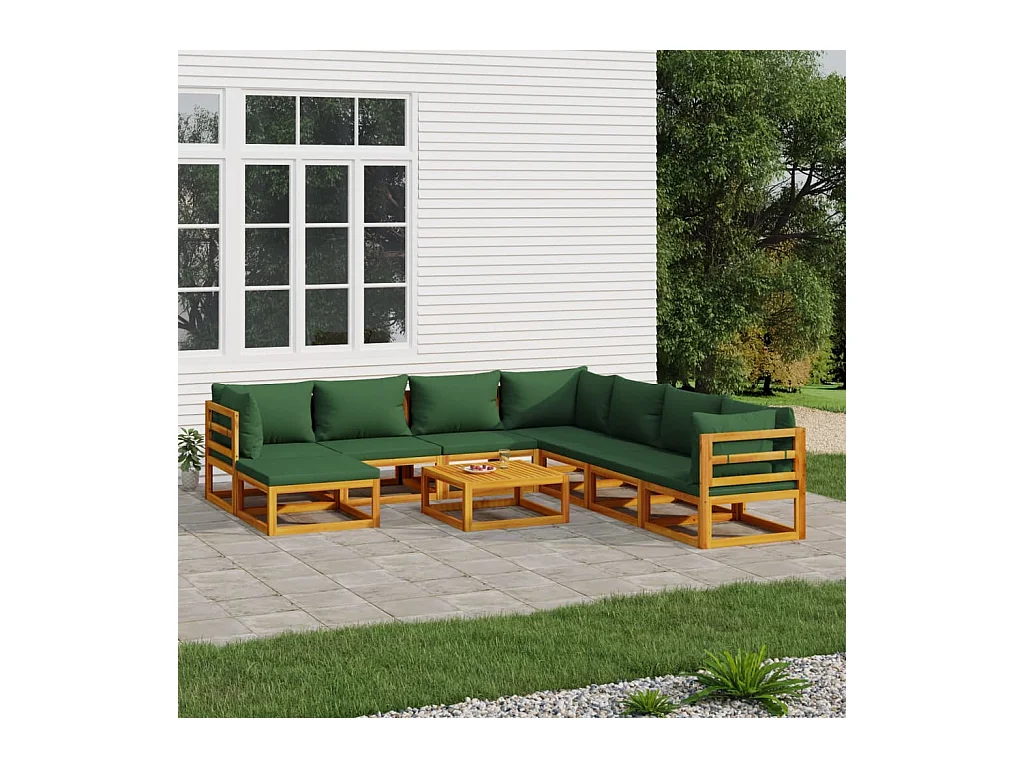 9-delige Loungeset met groene kussens massief hout
