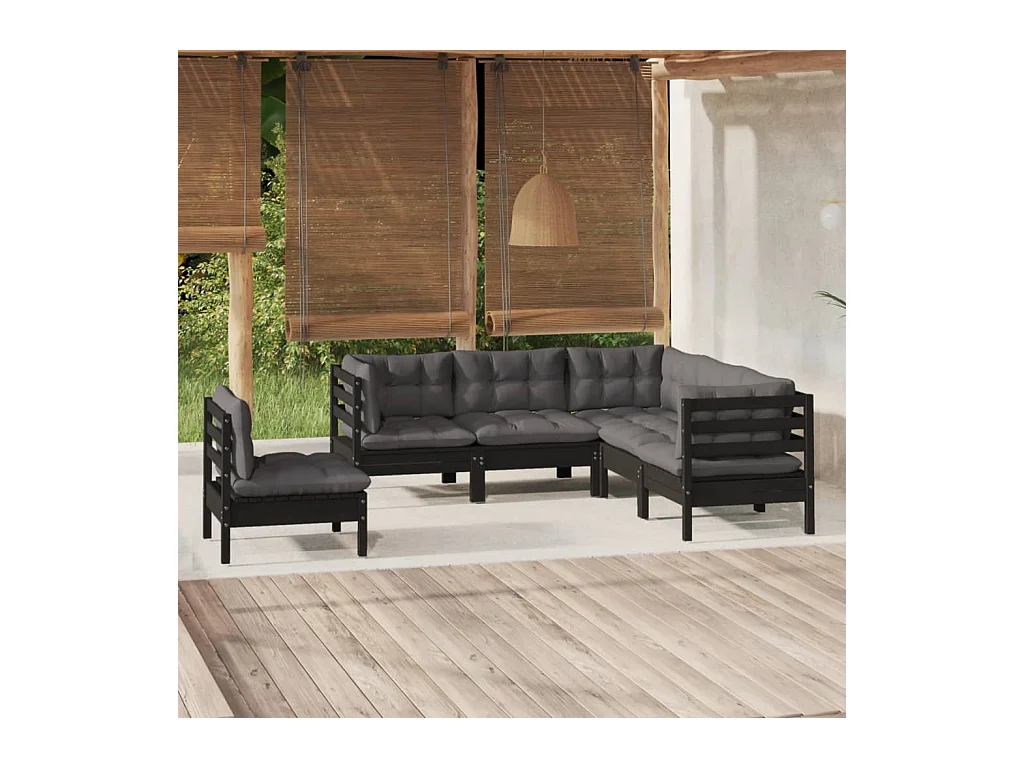 5-delige Loungeset met kussens grenenhout zwart