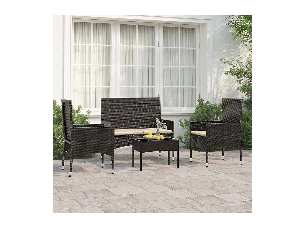 Salon de jardin 4 pcs avec coussins Noir Résine tressée
